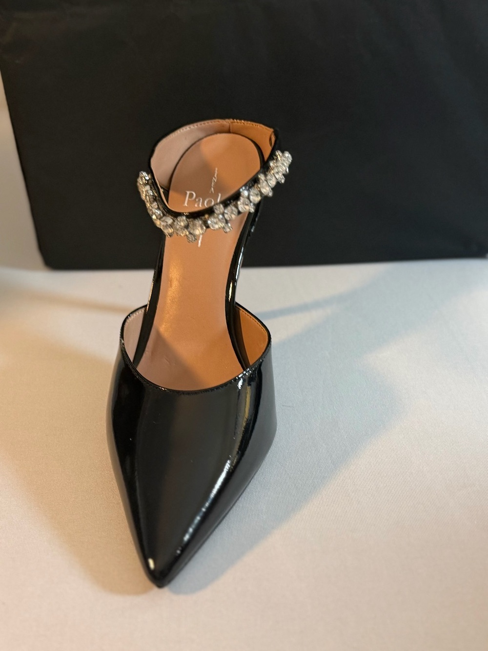 Paolo Black Patent Pointed Mule with Crystal Anklet